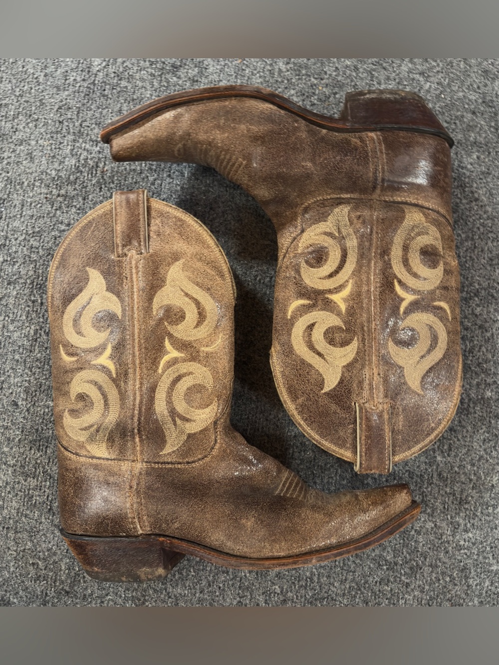 Vintage Justin Tall Leather Cowgirl Boot Embroidered Point Toe Size 10 Brown Tan